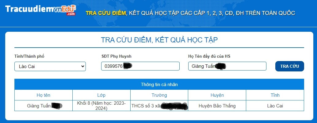 Giao diện tra cứu điểm Tracuudiemvnedu.com đơn giản dễ thao tác